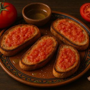 plato pan con tomate junto con tomate , ajo y aceite de oliva