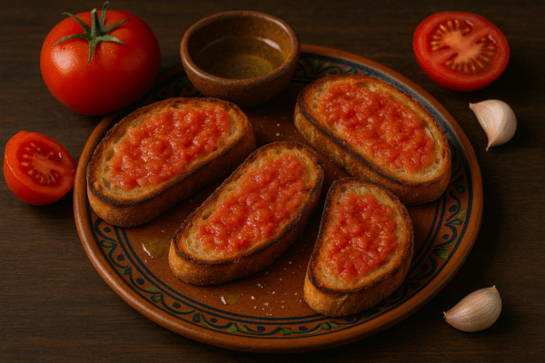 plato pan con tomate junto con tomate , ajo y aceite de oliva