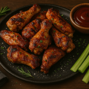 Plato de alitas de pollo con salsa barbacoa