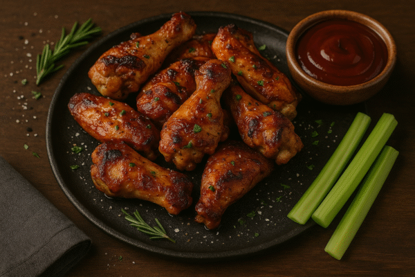 Plato de alitas de pollo con salsa barbacoa