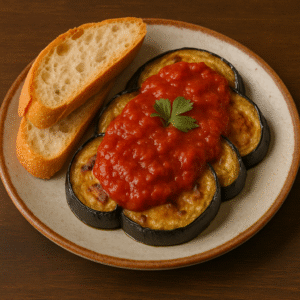 Plato de berenjenas con salsa de tomate y acompañado con pan