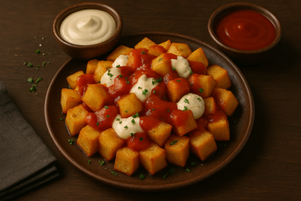 Plato de patatas bravas con salsa alioli y salsa brava