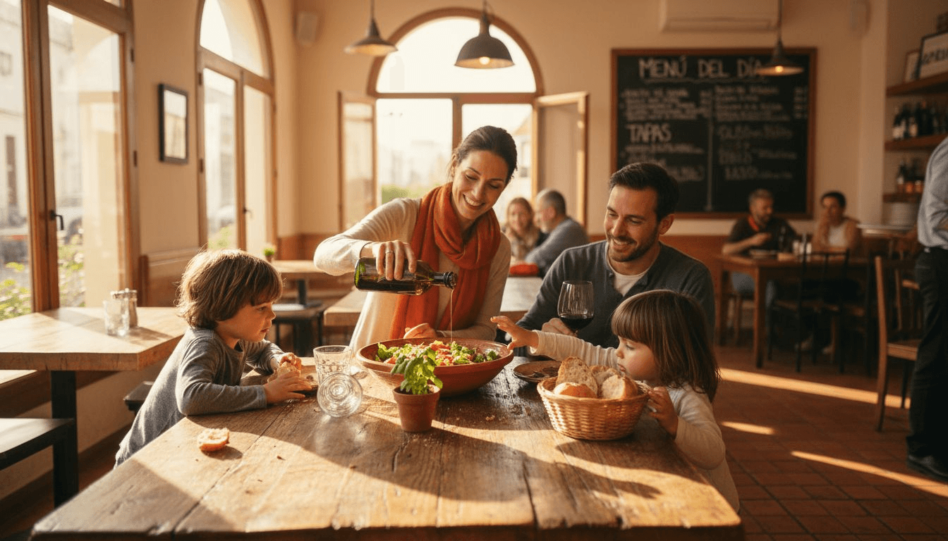 Una familia compartiendo momentos especiales mientras saborea la cocina mediterránea en un ambiente acogedor.