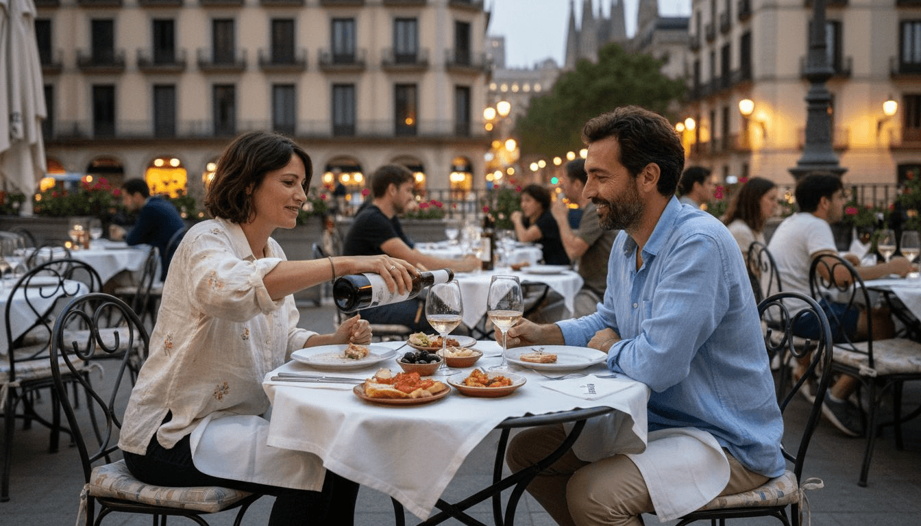 Una pareja disfruta de una cena al aire libre en una terraza del centro de Barcelona.
