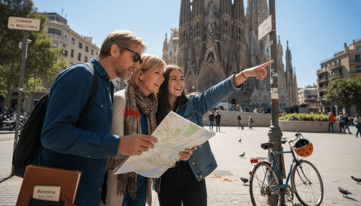 Una familia pasea y descubre los alrededores de la Sagrada Familia en Barcelona.