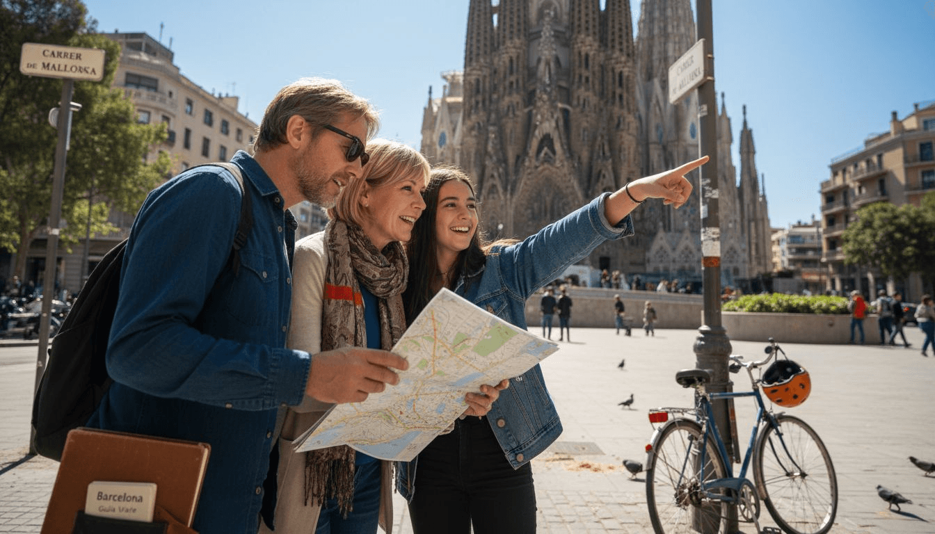 Una familia pasea y descubre los alrededores de la Sagrada Familia en Barcelona.