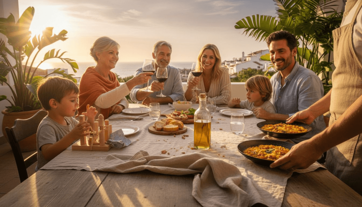 Una familia de varias generaciones disfruta de una celebración juntos en la terraza de un restaurante.