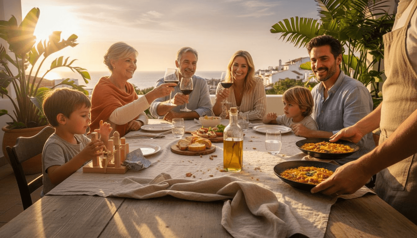 Una familia de varias generaciones disfruta de una celebración juntos en la terraza de un restaurante.