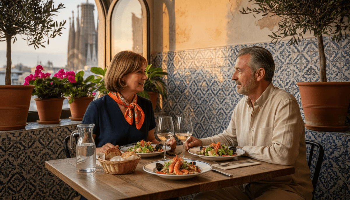 Una pareja disfruta de una cena en un restaurante de cocina mediterránea.