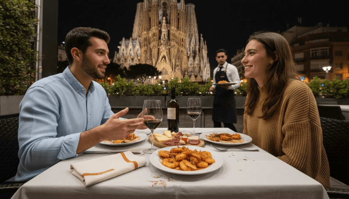 Una pareja disfruta de una cena romántica con vistas a la Sagrada Familia iluminada al anochecer.