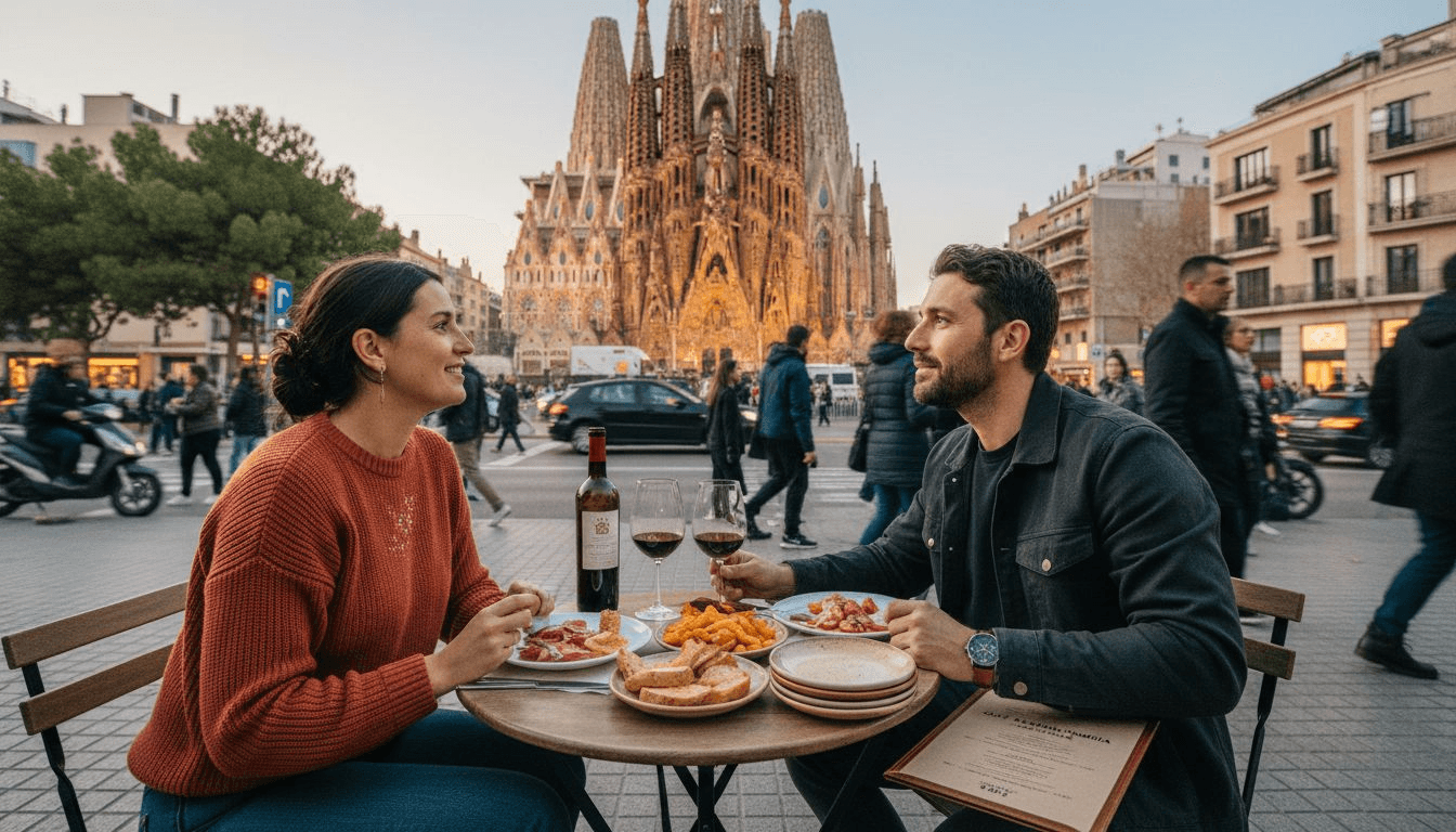 Una pareja disfruta de una cena romántica con vistas a la Sagrada Familia