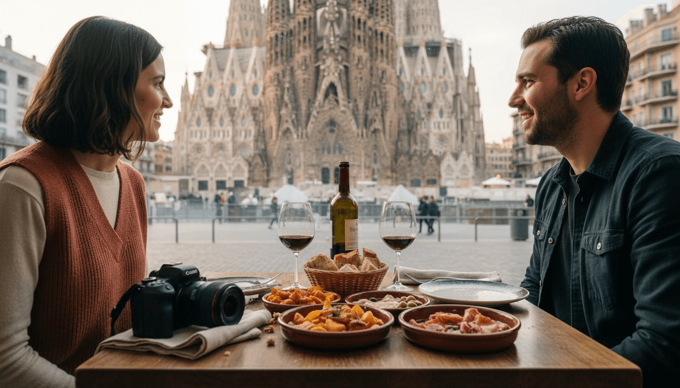 Un grupo de turistas disfruta de una comida con vistas a la Sagrada Familia