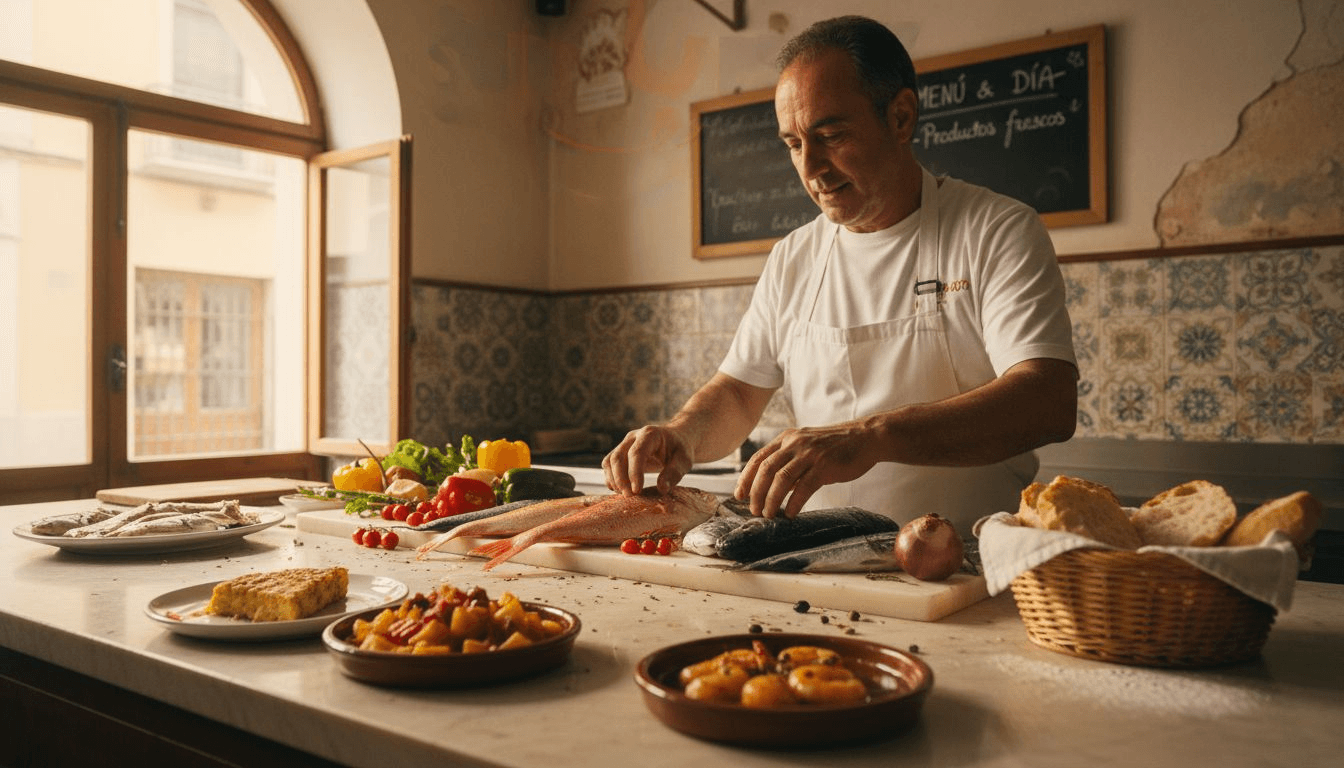 Un chef sorprende con sus creaciones en un restaurante de cocina mediterránea en Barcelona.