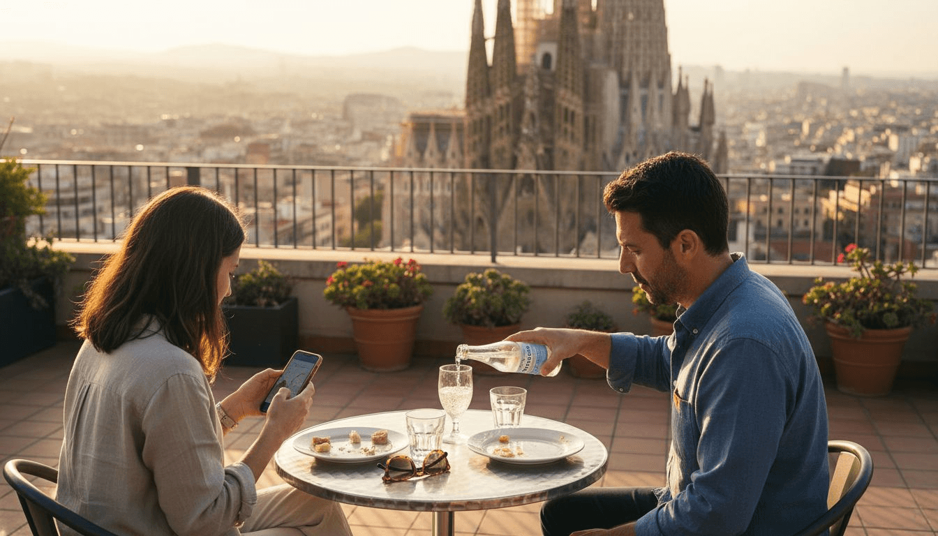 Una pareja disfruta de una tarde en la terraza, contemplando las impresionantes vistas de Barcelona.