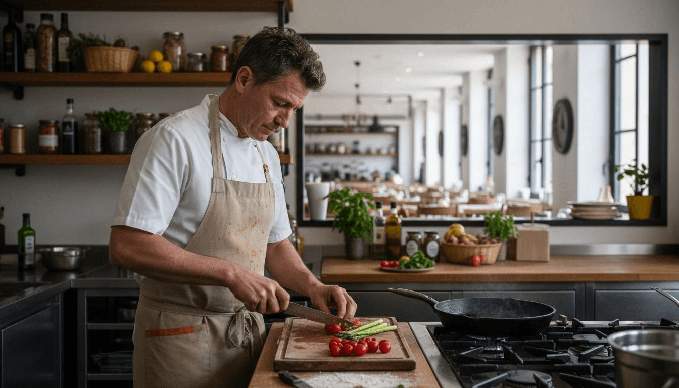 Cocinero elaborando platos con ingredientes frescos en una cocina de estilo mediterráneo