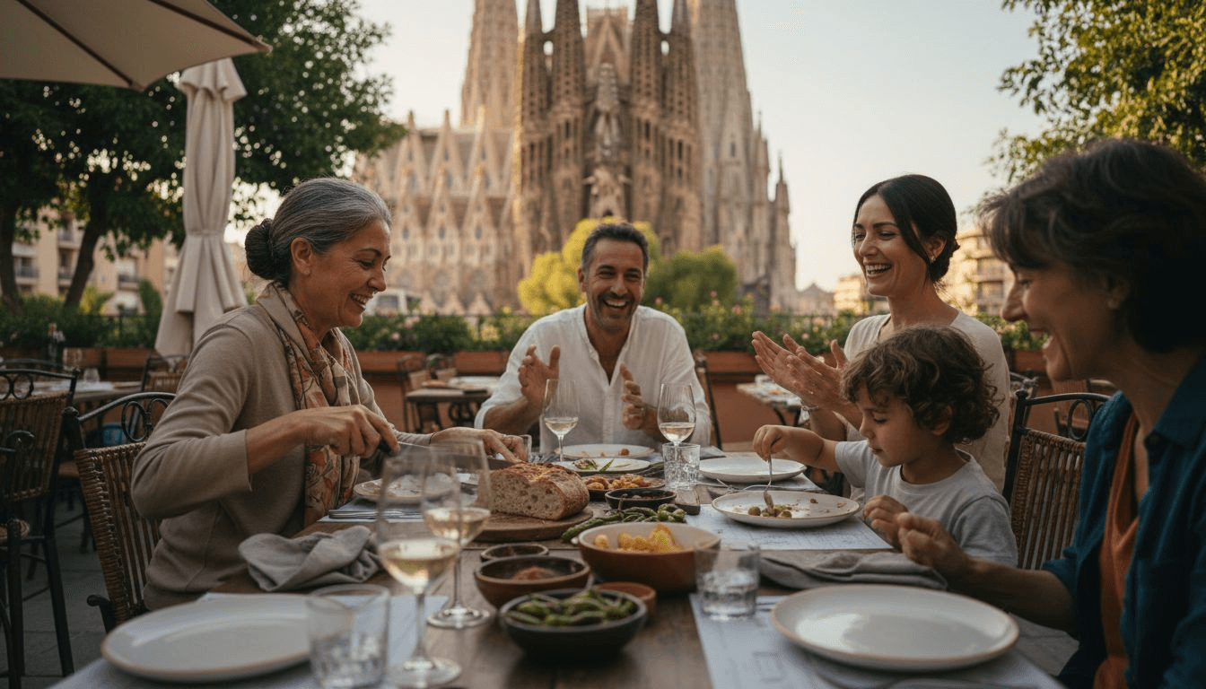 Una familia española pasa un rato agradable reunida junto a la Sagrada Familia.