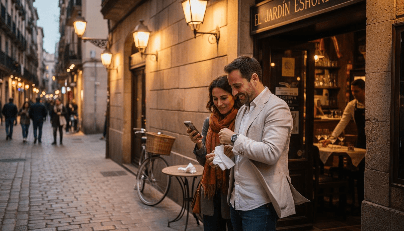 Una pareja revisa su reserva antes de entrar a un restaurante a las afueras de Barcelona.
