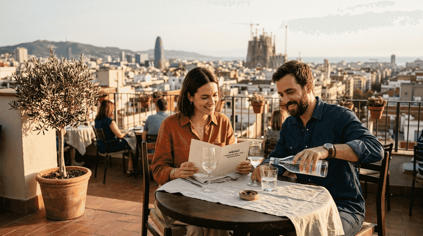 Una pareja se relaja y disfruta de una agradable comida en una terraza con espectaculares vistas a Barcelona.