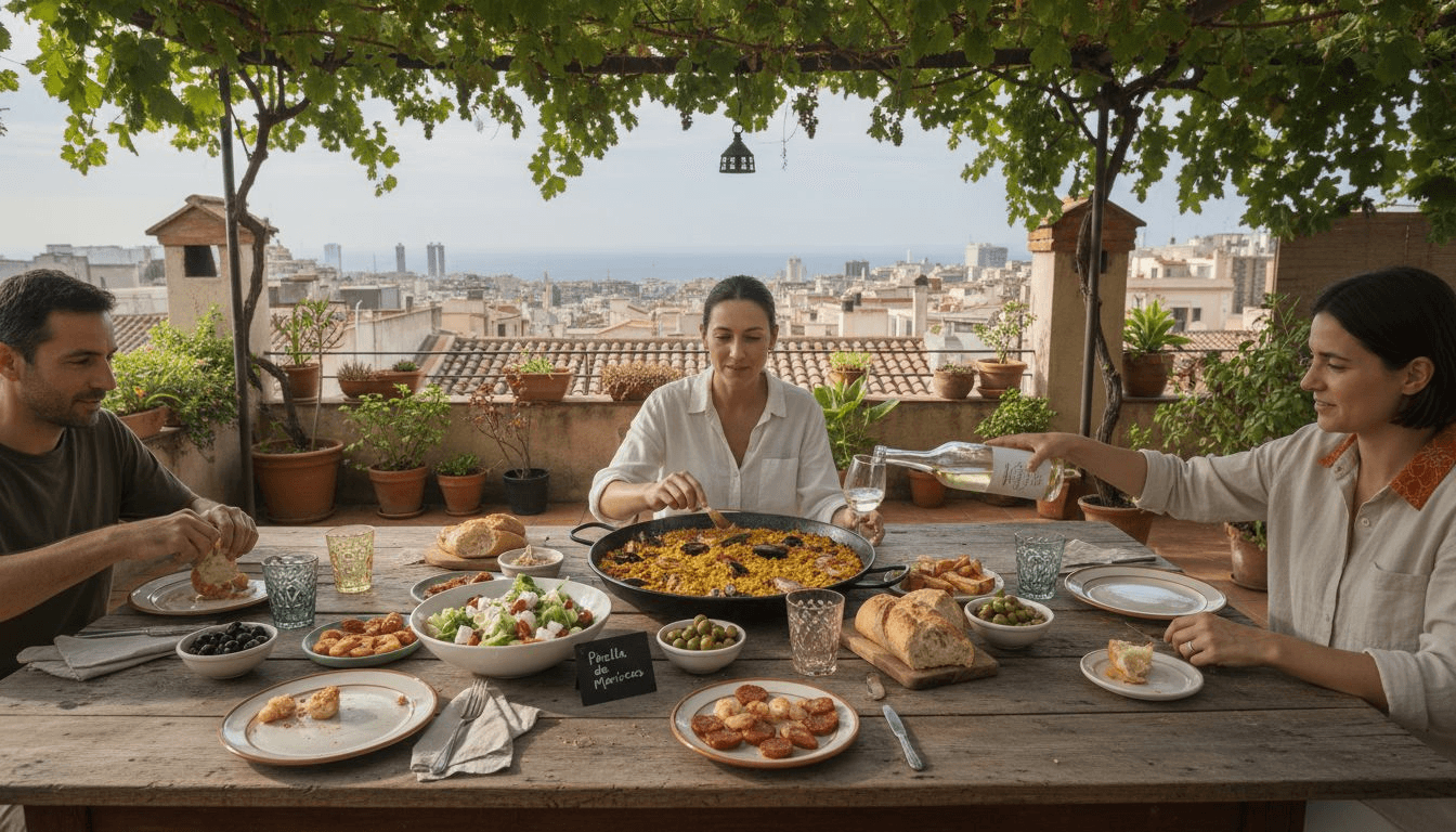 Un grupo de amigos disfruta de una comida mediterránea compartida en la terraza.