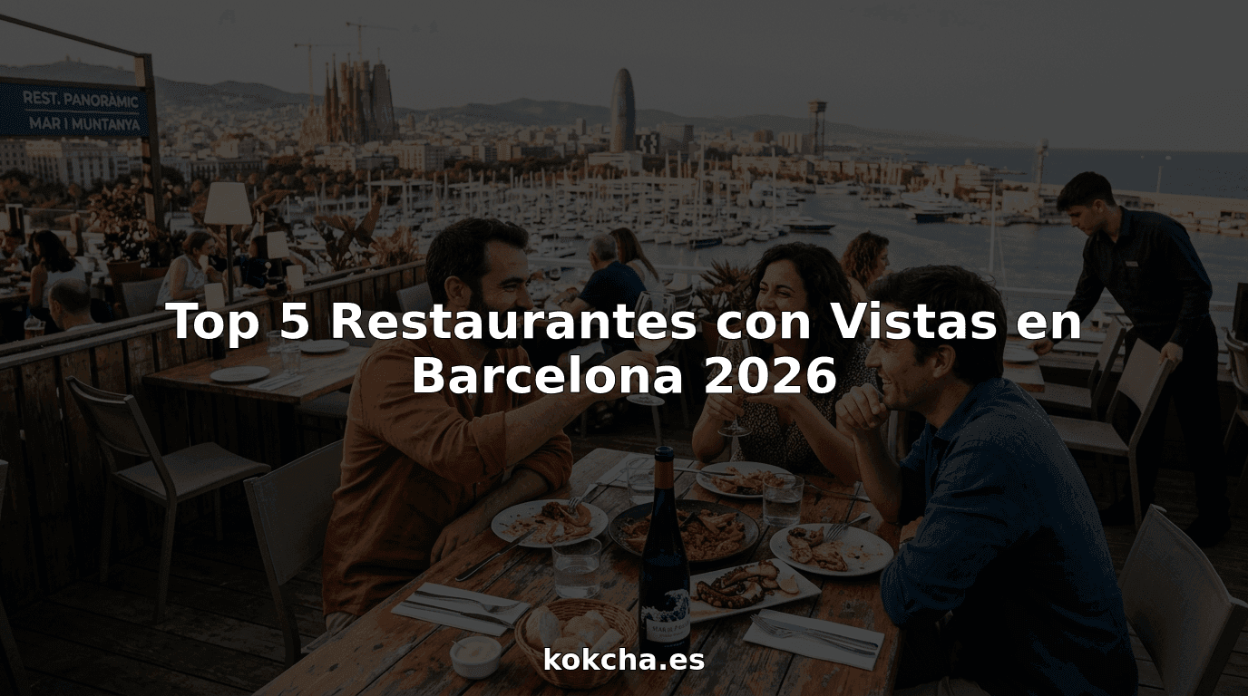 Un grupo de amigos disfruta de una cena en la terraza de un restaurante en Barcelona, rodeados de unas vistas espectaculares de la ciudad y el mar.