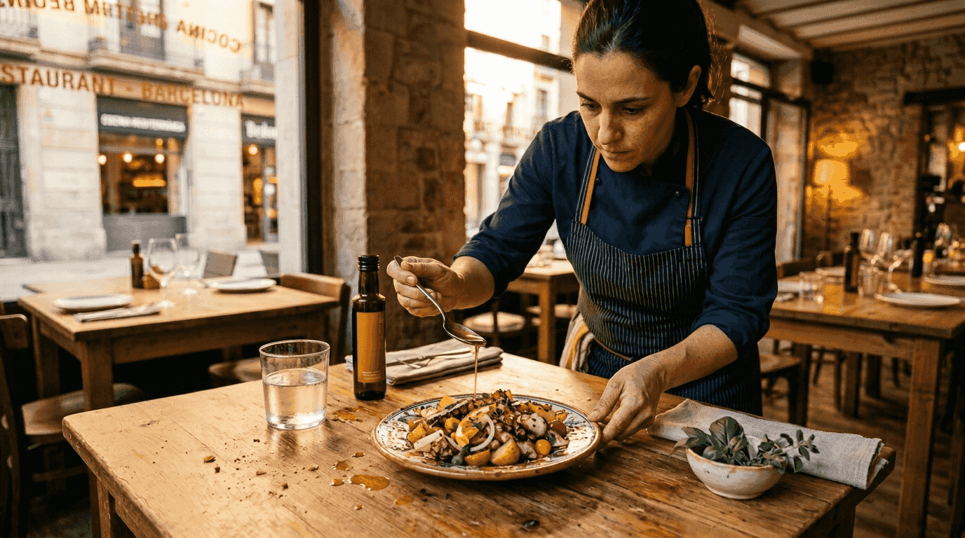 Cocinero preparando un plato mediterráneo con una cuidada presentación en el restaurante