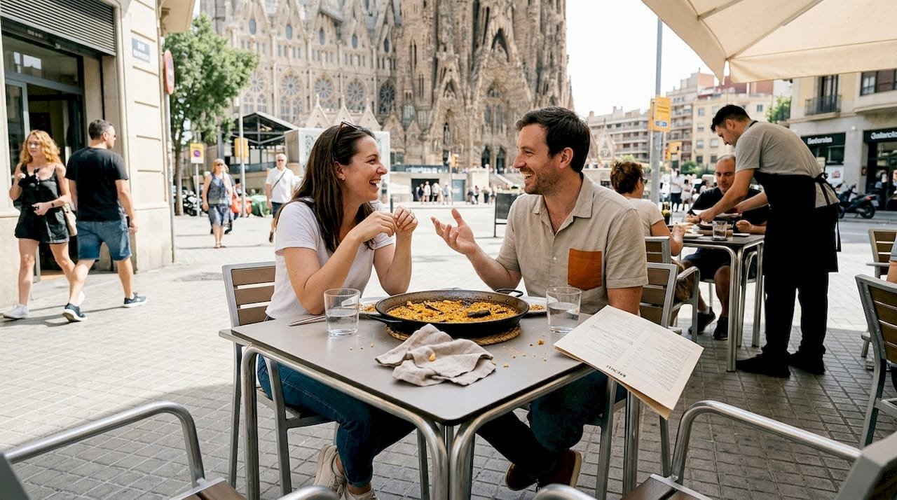 Una pareja disfruta de una cena en un restaurante con vistas espectaculares a un monumento emblemático.
