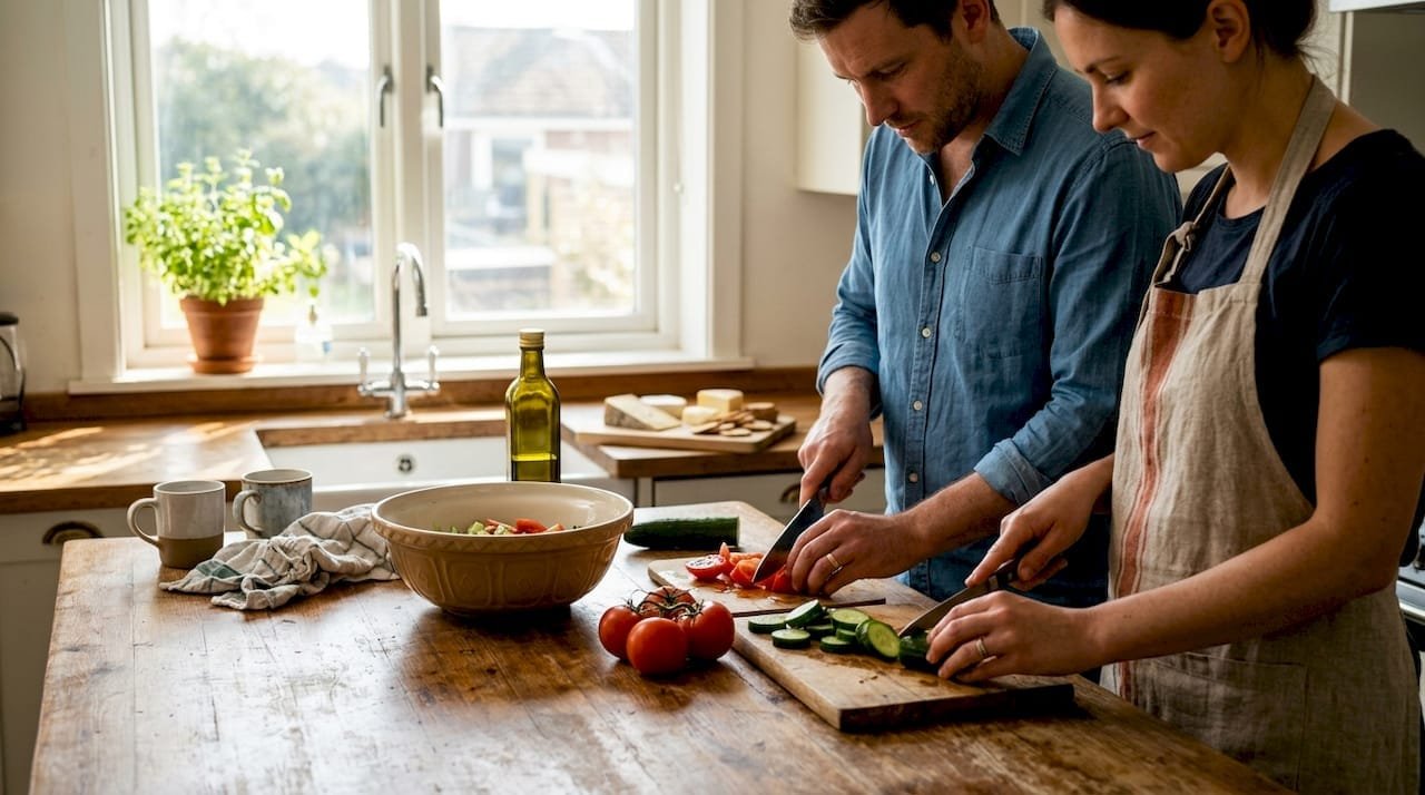 Una pareja prepara juntos los ingredientes para un menú de estilo mediterráneo, cortando verduras frescas en la cocina.