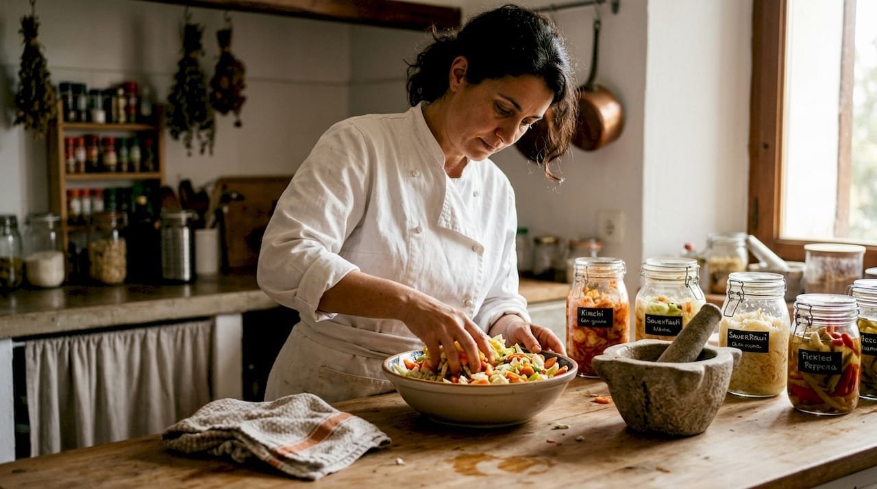 Cocinera especializada en gastronomía mediterránea elaborando verduras fermentadas