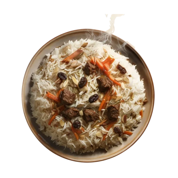 Kabuli palaw afgano con ternera, zanahorias, almendras y pasas en Kokcha Barcelona