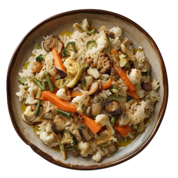 Arroz con verduras salteadas al vapor en Kokcha restaurante Barcelona