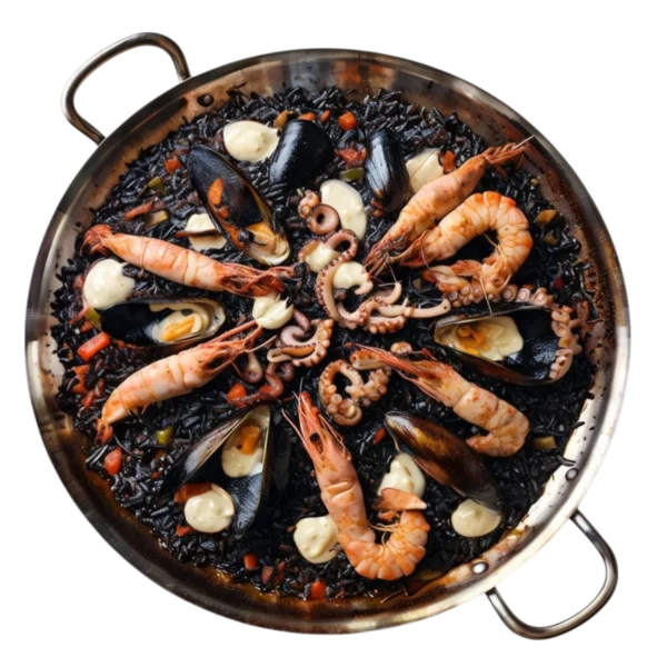 Arroz negro de marisco con tinta de calamar en Kokcha cerca de la Sagrada Familia