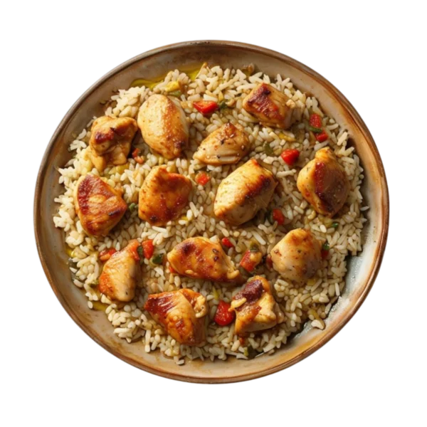 Pollo salteado con arroz bomba y sofrito de pimientos en Kokcha Barcelona