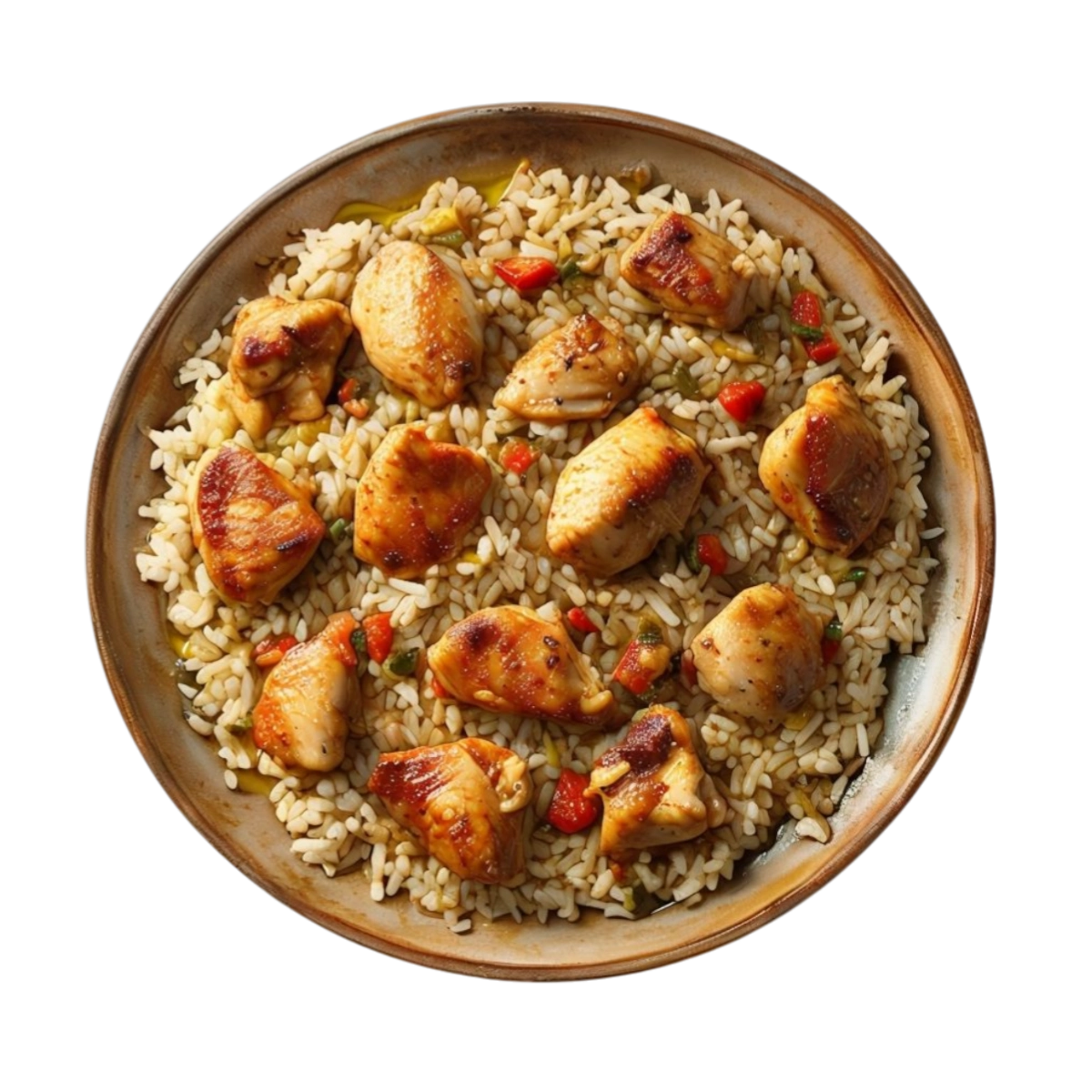 Pollo salteado con arroz bomba y sofrito de pimientos en Kokcha Barcelona