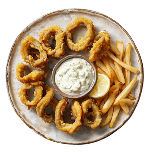 Calamares fritos rebozados con especias y salsa tártara en Kokcha Barcelona