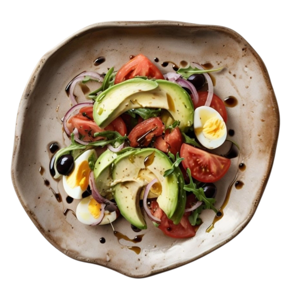 Ensalada de aguacate con tomate, rúcula y vinagre balsámico en Kokcha Barcelona