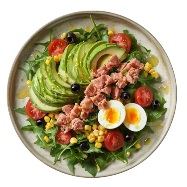 Ensalada de atún con lechuga, aceitunas negras y vinagreta de limón en Kokcha