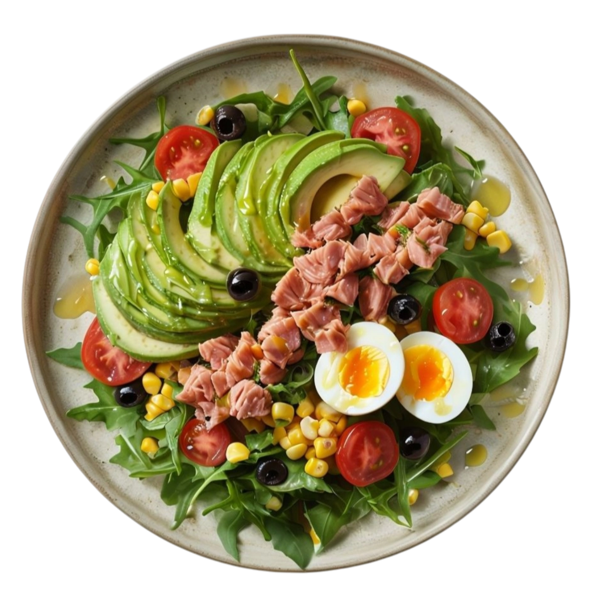 Ensalada de atún con lechuga, aceitunas negras y vinagreta de limón en Kokcha