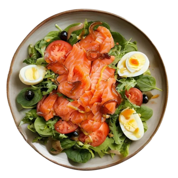 Ensalada de salmón ahumado con espinacas y aderezo de miel y mostaza en Kokcha