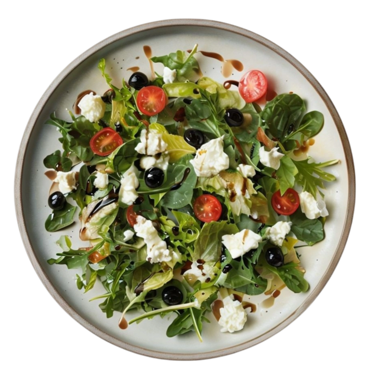 Ensalada griega con queso feta, aceitunas kalamata y salsa casera en Kokcha