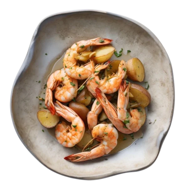 Gambas arriera con patatas, ajo, limón y perejil en Kokcha Barcelona