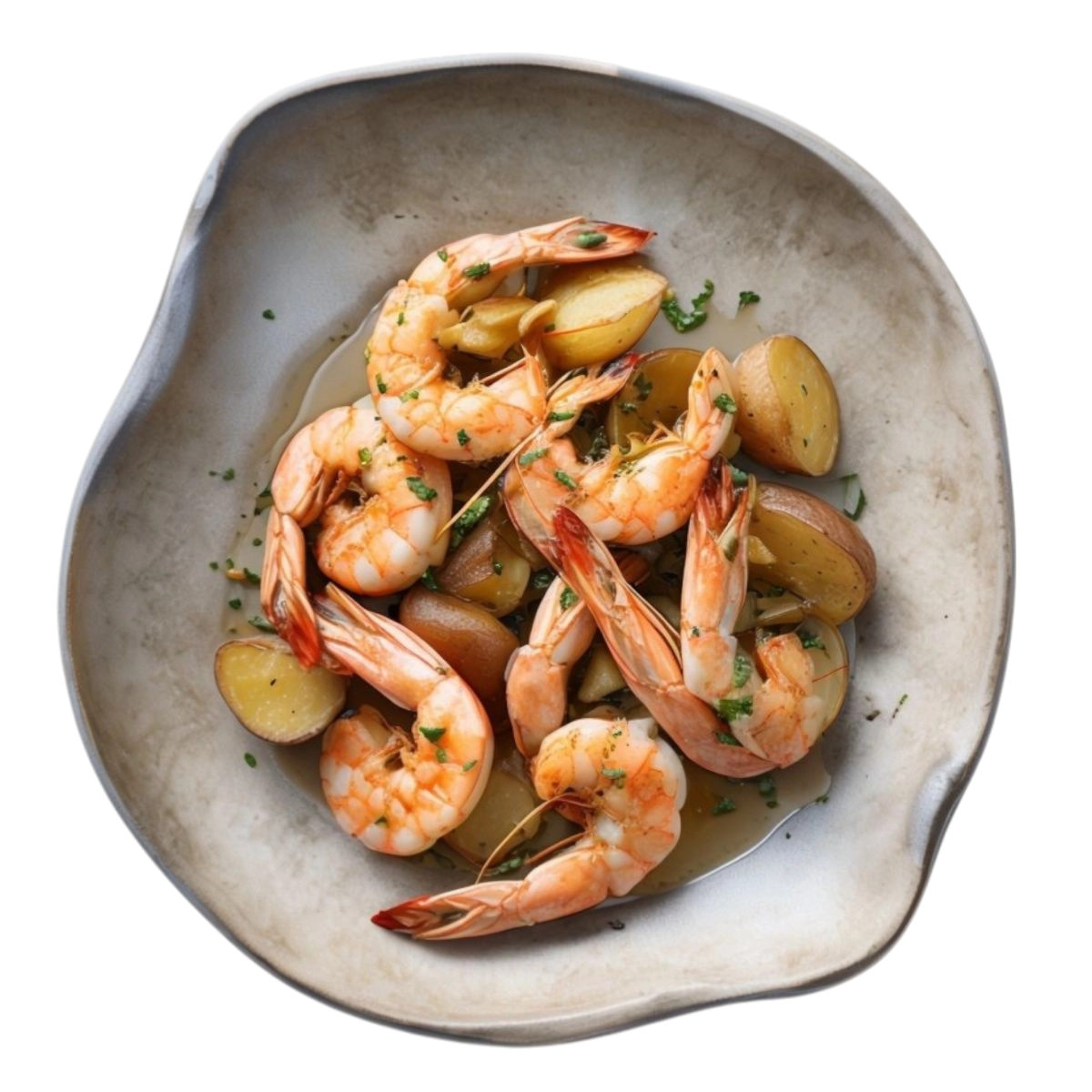 Gambas arriera con patatas, ajo, limón y perejil en Kokcha Barcelona