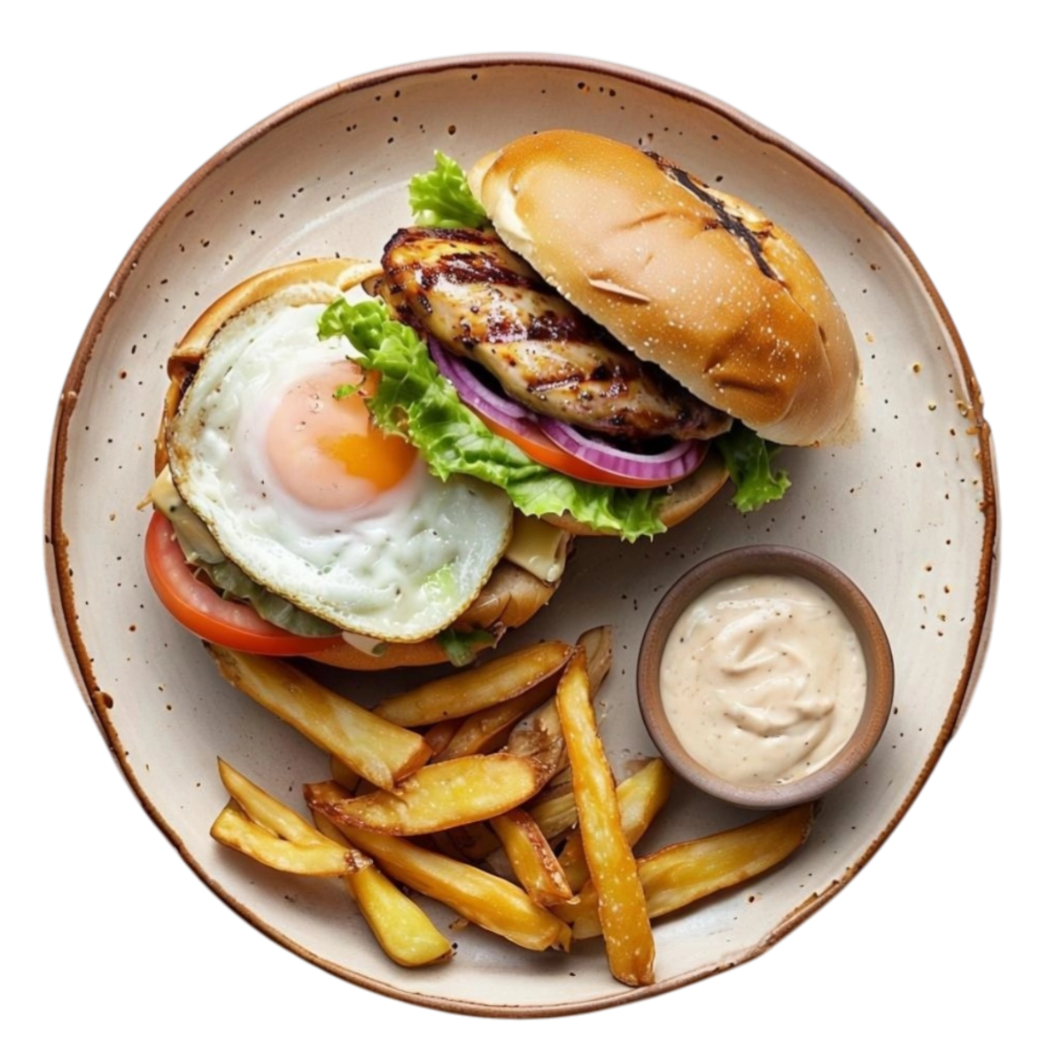 Hamburguesa de pollo a la brasa con huevo, queso y patatas en Kokcha Barcelona