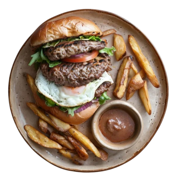 Hamburguesa mixta de pollo y ternera con queso y huevo en Kokcha Barcelona