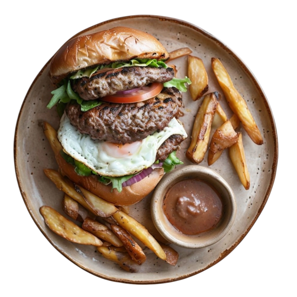 Hamburguesa mixta de pollo y ternera con queso y huevo en Kokcha Barcelona