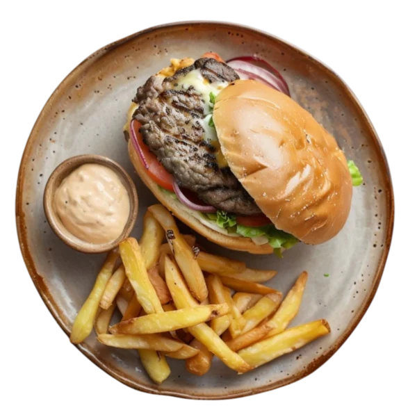 Hamburguesa de ternera a la brasa con lechuga, tomate y queso en Kokcha