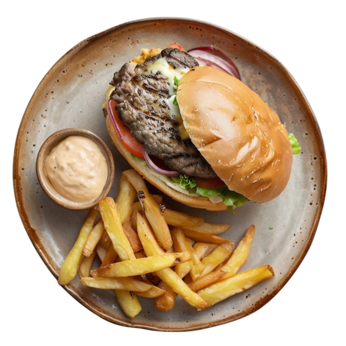 Hamburguesa de ternera a la brasa con lechuga, tomate y queso en Kokcha