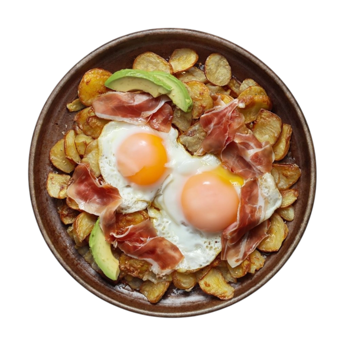 Huevos rotos con patatas fritas y jamón ibérico en Kokcha Barcelona