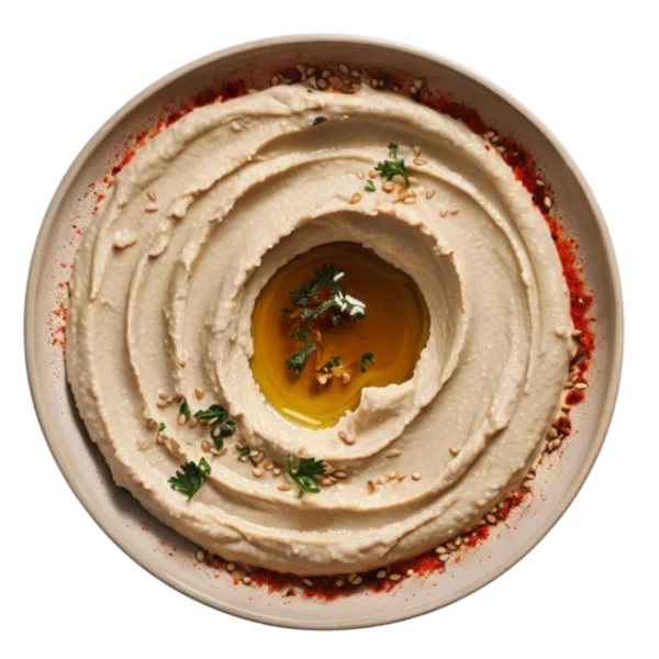 Hummus cremoso de garbanzos con tahini y aceite de oliva virgen extra en Kokcha