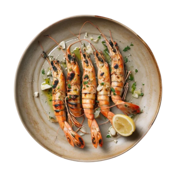Langostinos frescos a la plancha con ajo y perejil en Kokcha Barcelona