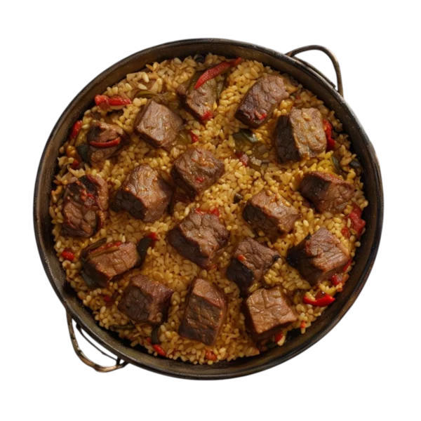 Paella de carne con ternera y arroz bomba en Kokcha junto a la Sagrada Familia